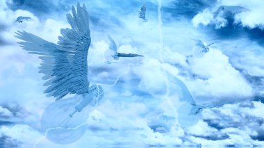 Kanatlı fikirler gökyüzünde uçar. 3d oluşturma.