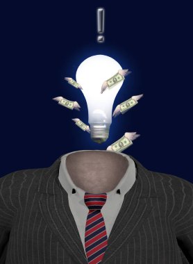 Kârlı bir fikir. Ampullü iş elbisesi ve kanatlı Amerikan doları. 3d oluşturma.