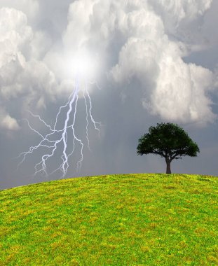 Yeşil manzaralı bir ağaç. 3B görüntüleme.
