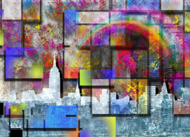 Farklı şablonlar ve şehir binaları ile soyut kolaj arka planı, 3D sanat