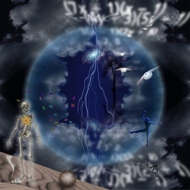 Ölümden sonra. İskelet, dansçı, ağaç ve kanatlı saatlerle ruhani kompozisyon. 3d oluşturma.