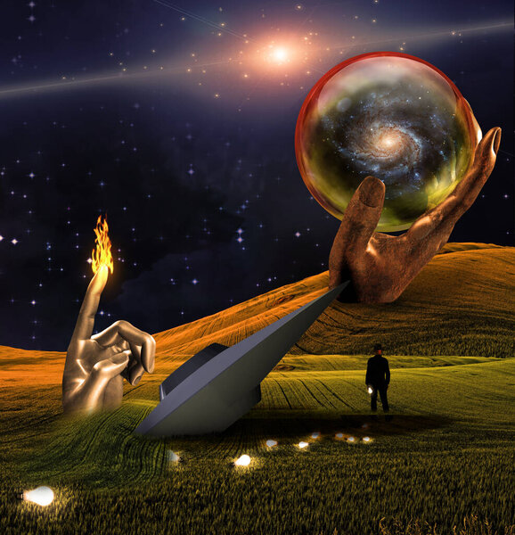 UFO crash. Hand sculpture with finger on fire and hand sculpture holding glass sphere with galaxy inside. Man with trail of light bulbs.