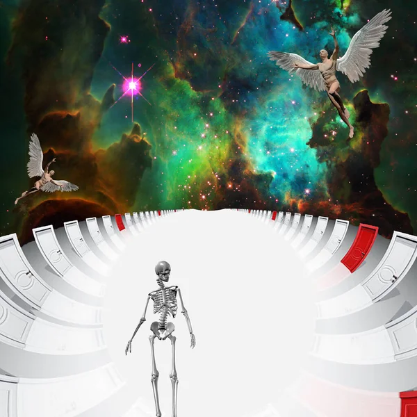 Skeleton and angels in front of doors of heaven. 3d rendering.