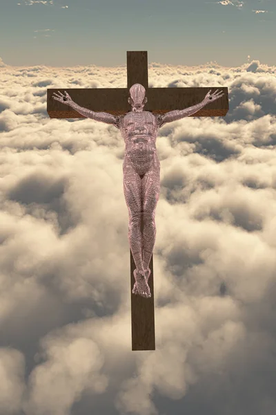 空に十字架につけられたサイボーグ 3Dレンダリング — ストック写真