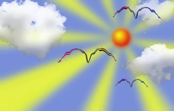 Morning Sun Birds Fly Sky Rendering — Stock Photo, Image