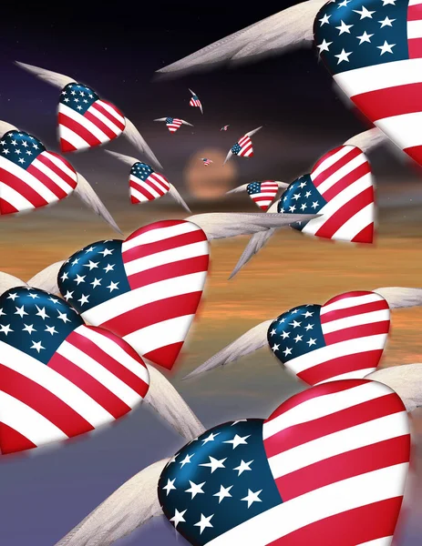 Αφηρημένο Πολύχρωμο Φόντο Καρδιές Και Αμερικανική Σημαία — Φωτογραφία Αρχείου