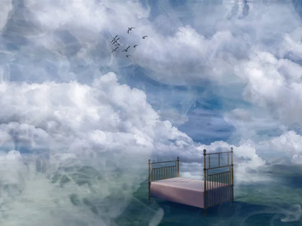 Bed in surreal cloudy landscape. Slumber in heaven.
