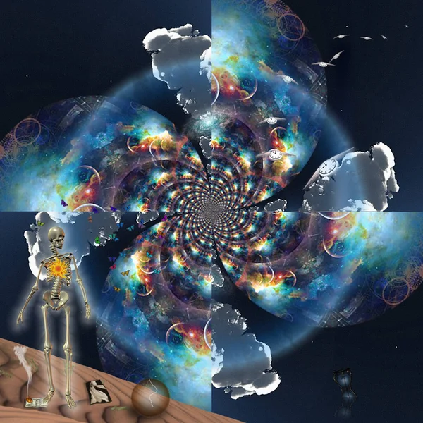 Afterlife. Symbolic composition with skeleton, winged clocks, and planet fractal. 3d rendering.