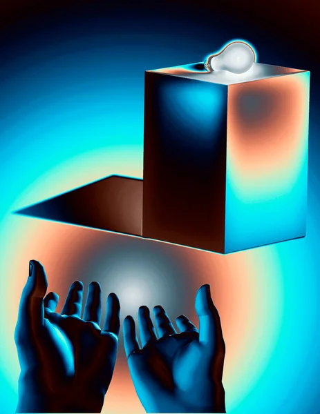 Glödlampa Händer Och Geometrisk Form Över Färgglada Bakgrund — Stockfoto