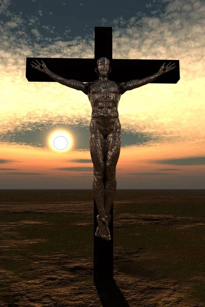 Ciborgue Crucificado Paisagem Vazia Renderização — Fotografia de Stock