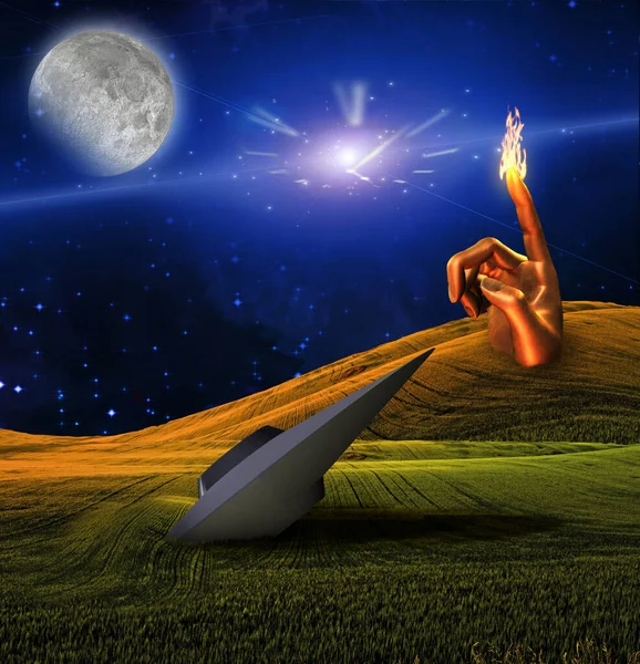 Ufo Krasch Och Gigantiska Handskulptur Brand Klocka Moln Skyn — Stockfoto