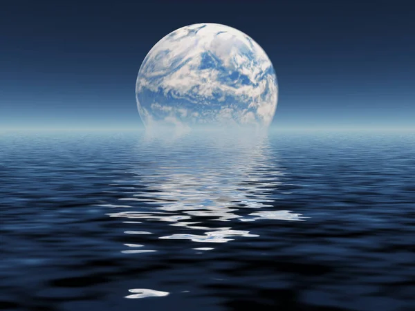 Oceano Mare Mondo Alieno Acqua Terra Con Luna Terraformata Oltre — Foto Stock