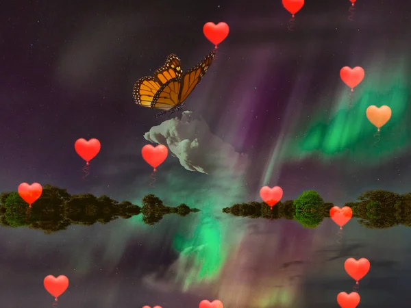 Schmetterling Über Wald Und Fluss Überflutete Landschaft Und Herzförmige Ballons — Stockfoto