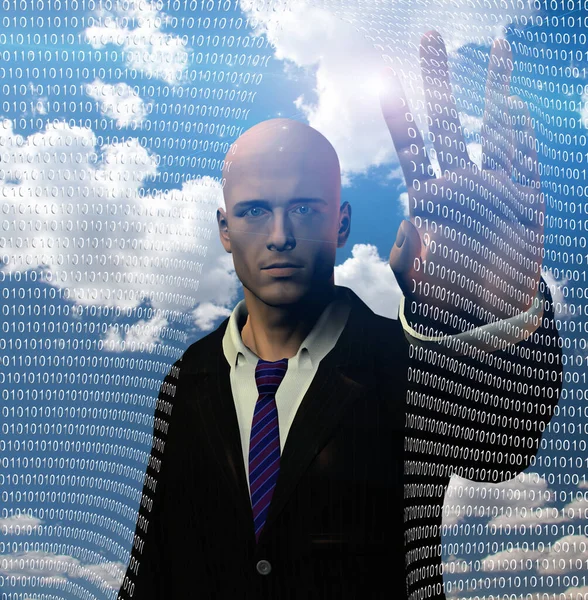 Bussinessman Pushes Aside Curtain Binary Code Rendering — Stock Photo, Image