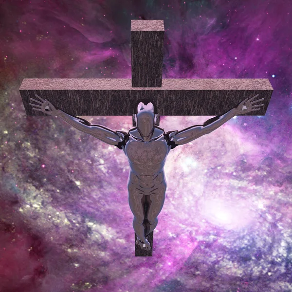 Crucified Silver Cyborg Space Rendering — Stock Photo, Image