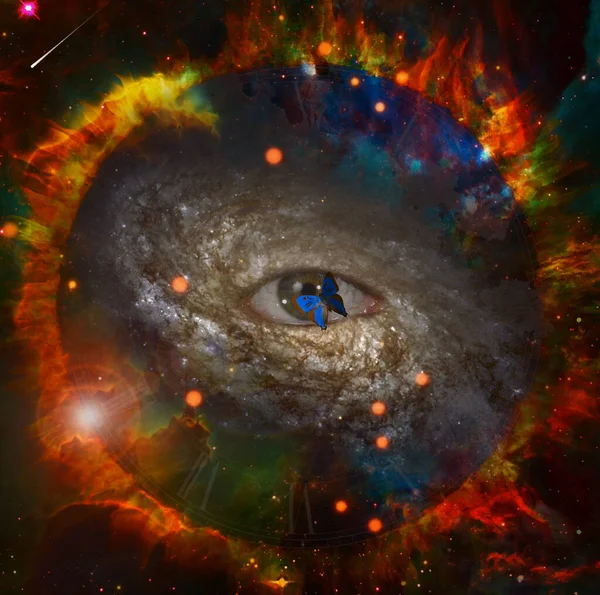 Eye of the universe. Ring of fire in deep space, ancient clock and butterfly.