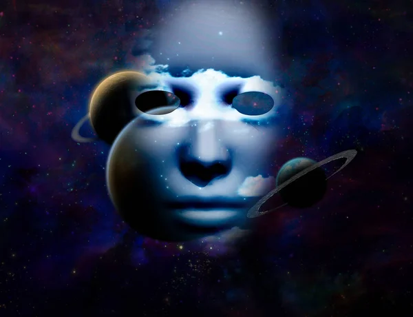 人間の顔をした密教の抽象的な宇宙背景 — ストック写真