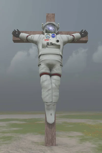 Astronauta Crucificado Paisagem Árida Renderização — Fotografia de Stock