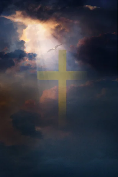 Cross Stormy Sky Rays Bird Flying Spiritual Composition — Stock Photo, Image