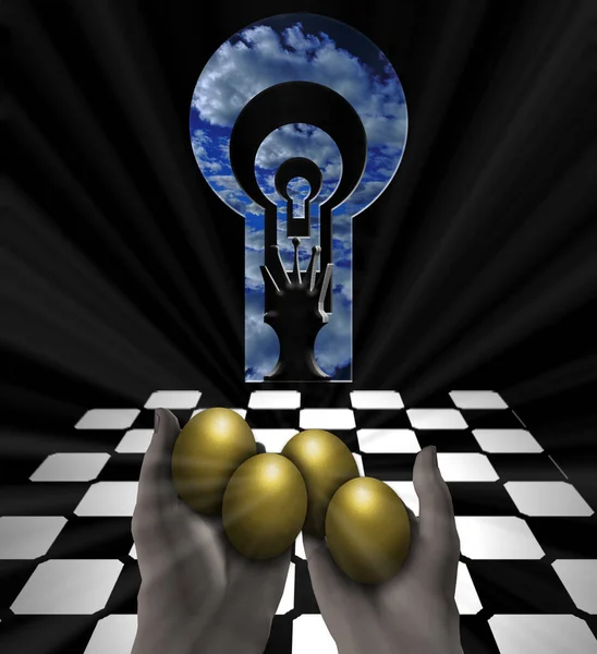 Κλειδαριά Ευημερίας Χρυσοί Nesteggs Και Πιόνι Σκάκι Απόδοση — Φωτογραφία Αρχείου