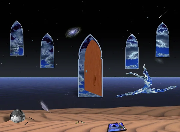 Alien Planet Doors Windows Blue Sky Clouds — Stock Photo, Image