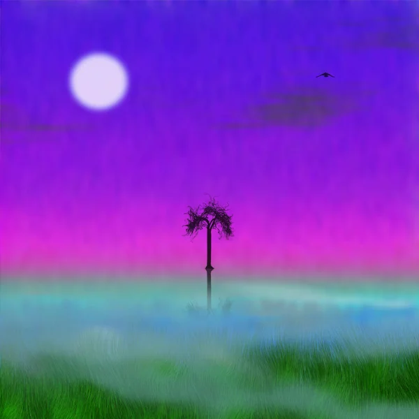 Abstract Landscape Painting Tree Bird Mystic Sky — Stock Photo, Image
