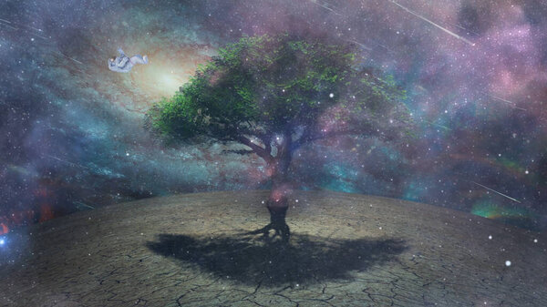 Astronaut hovers above strange planet. Tree in desolate landscape. Sci-fi art.
