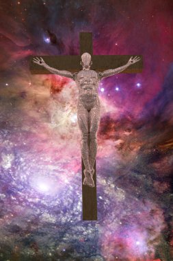 Uzayda çarmıha gerilmiş sayborg. 3B görüntüleme.