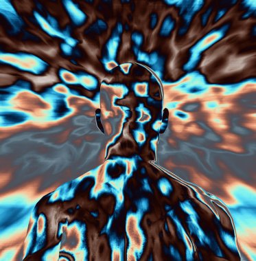 İnsan yüzü olan soyut bir arkaplan, üç boyutlu görüntüleme. Dazlak ve kel adam