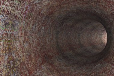 Duvarlarda çizimler olan soyut bir tünel.