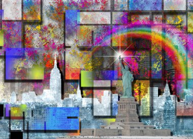 Farklı şablonlar ve şehir binaları ile soyut kolaj arka planı, 3D sanat