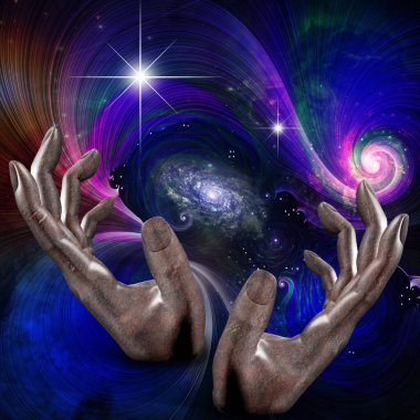 3d illustration of a female hand with a cosmic background