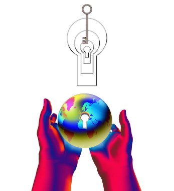 Ellerin soyut kavramsal çizimi ve kilit 