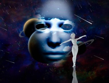 İnsan yüzüne sahip soyut kozmik arkaplan