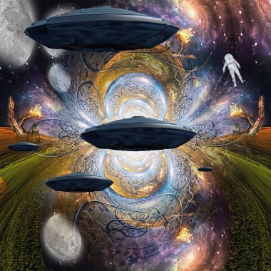 Uzaylı teması. Astronot ve UFO 'lar. 3d oluşturma.