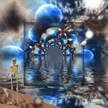 Ölümden sonra. İskelet, kanatlı saatler ve gezegen fraktallı sembolik bileşim. 3d oluşturma.