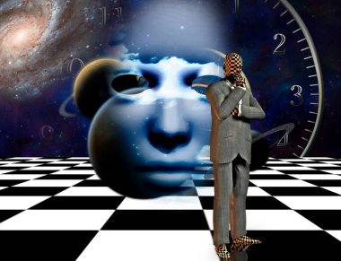 İnsan yüzüne sahip soyut kozmik arkaplan