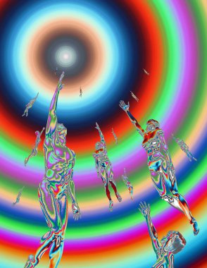 abstract colorful background of people silhouettes reaching up for the light