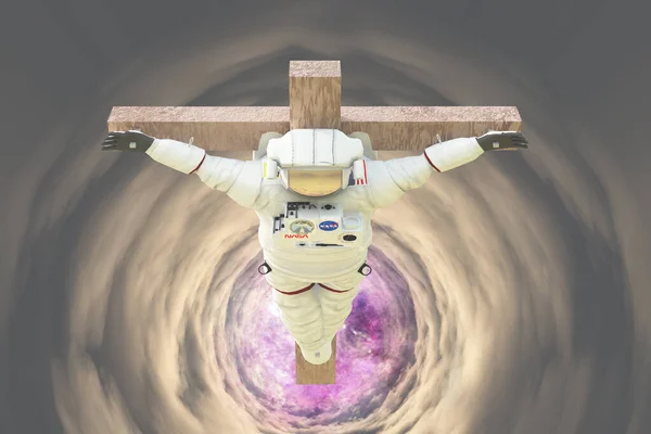 Crucified Astronaut Tunnel Clouds Rendering — Stock Photo, Image