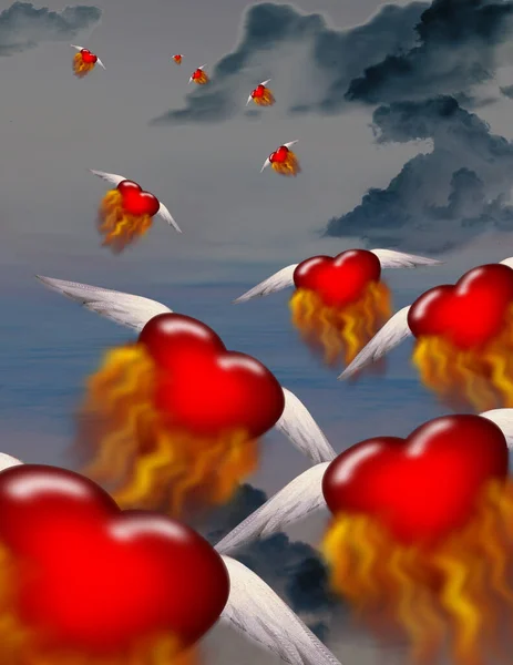 Flying Red Hearts Wings Digital Abstract Background — Stok fotoğraf