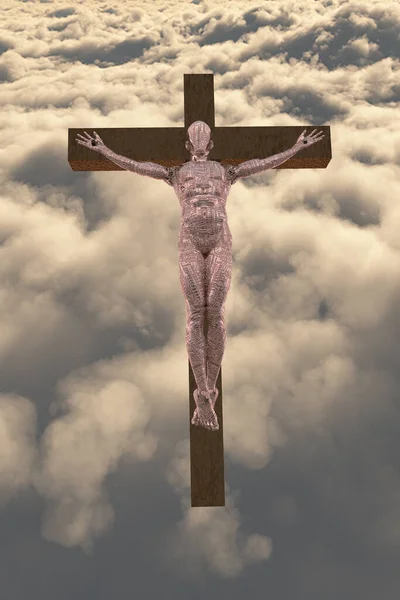 Cyborg Crucifié Dans Ciel Rendu — Photo
