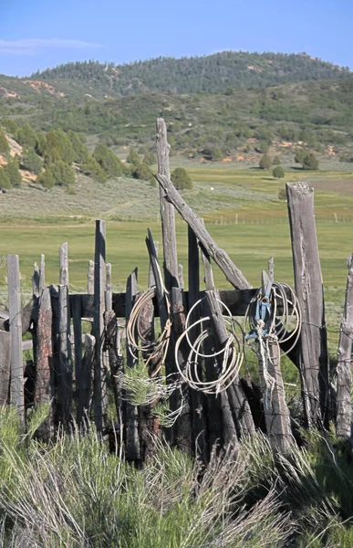 农场景观上的木制牛圈 — 图库照片