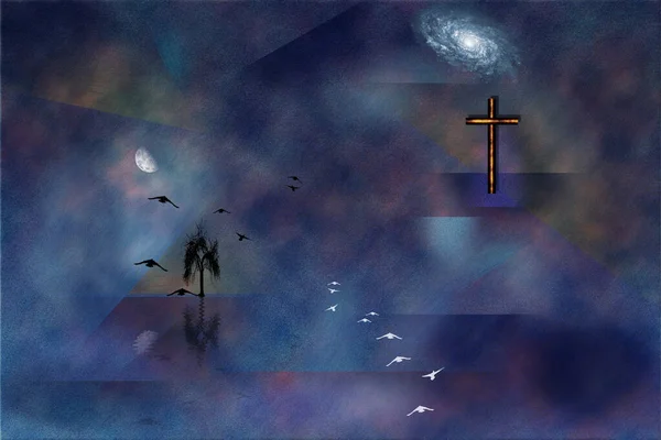 Náboženství Sumbolický Abstraktní Obraz Silueta Stromu Ptáci Letící Měsíčním Svitu — Stock fotografie