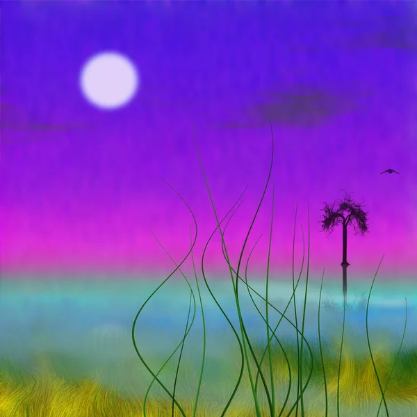 Abstract Landscape Painting Tree Bird Mystic Sky — Stock Photo, Image