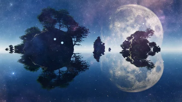 Острови Під Місячним Сяйвом Ідеальне Відображення Води Візуалізація — стокове фото