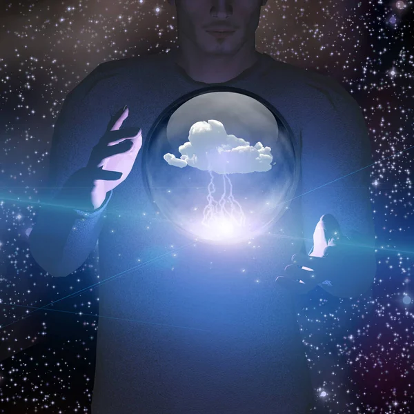 Hombre Con Planeta Futurista Cielo Nocturno —  Fotos de Stock