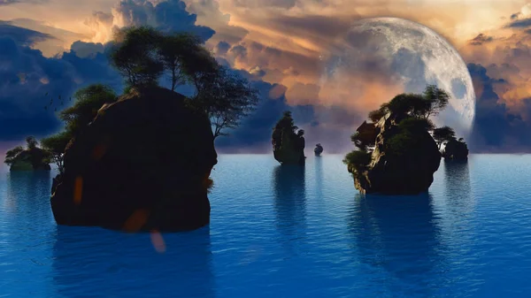 Wyspy Świetle Księżyca Ptaki Latające Niebie Renderowanie — Zdjęcie stockowe