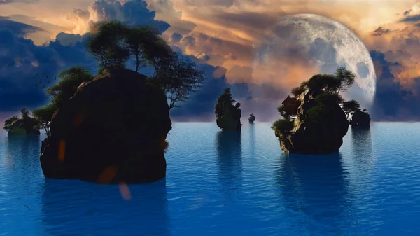 Islas Bajo Luz Luna Aves Volando Cielo Renderizado —  Fotos de Stock