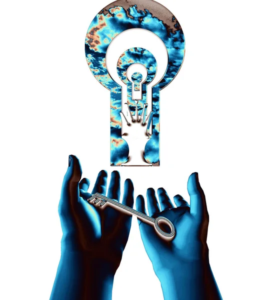 Digital Abstract Background Hands Holding Key Keyhole — Stockfoto