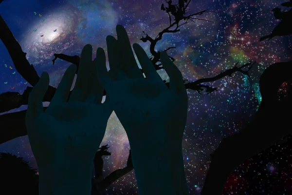 Nacht Silhouette Von Baum Und Hände Auf Weltraum Hintergrund — Stockfoto